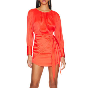 Steve Madden Orange Satin Mini Dress Size 4 Cocktail Ruched Wrap Revolve $78 NEW